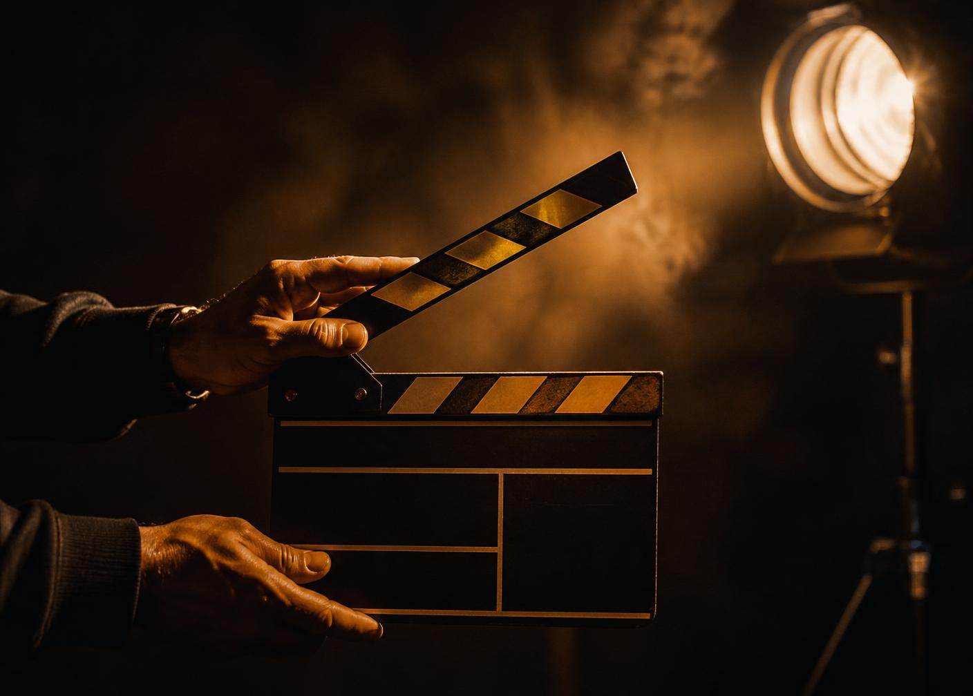 Saffron Frames director holding a clapperboard on a dark film set